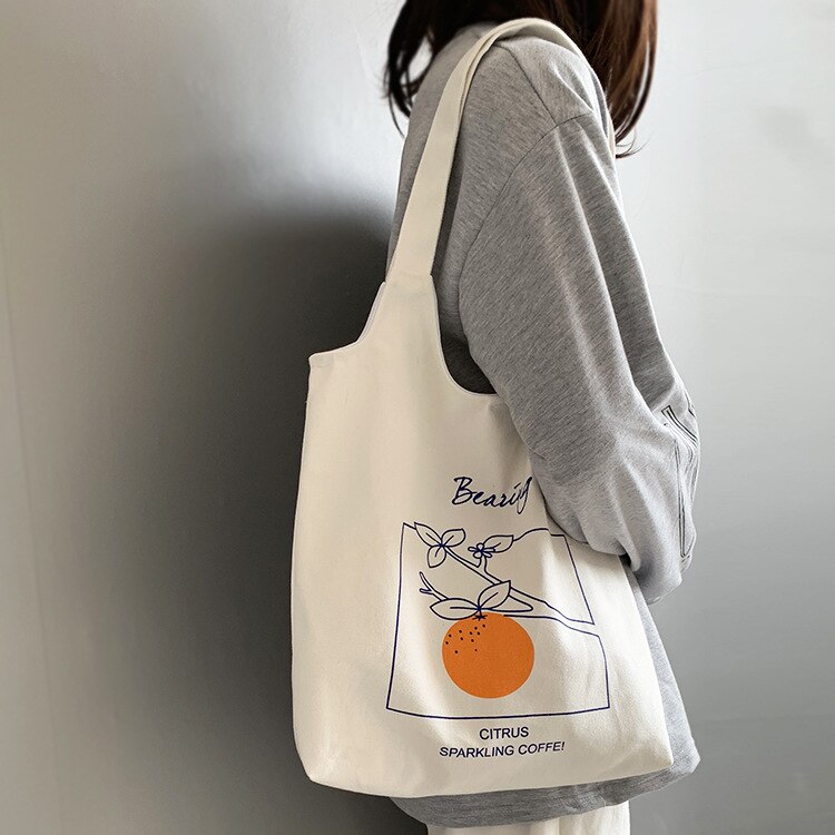 Women Canvas Shoulder Tote Bag Chic Fruit Printed Cotton Cloth Shopping Bags Female Handbag Ins Reusable Beach Shopper Bag