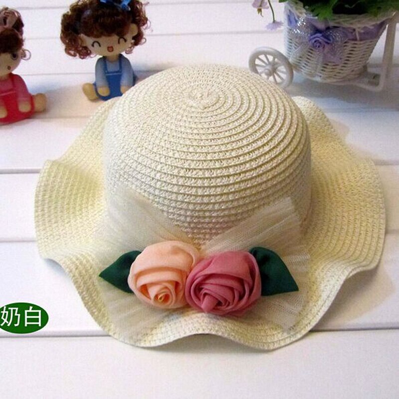 Sun Hats For Girl Summer Children Flouncy Straw Hat Two Roses Bud Silk Caps