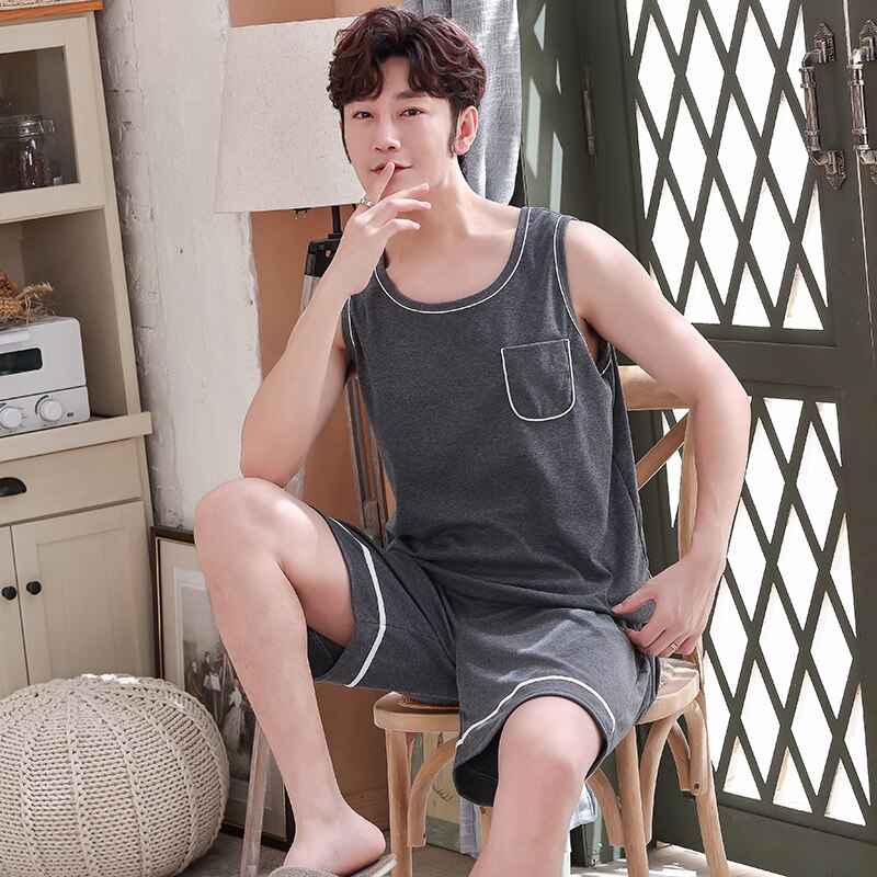 Men&#39;s Vest Pajamas Set Summer Pure Cotton Nightwear Gray Home Wear Suits Simple Sleepwear for Men Pijamas Hombre L-XXXXL