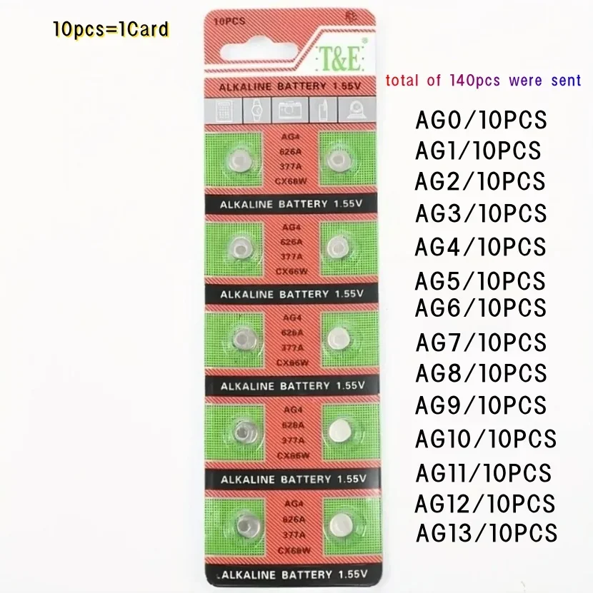 1.5V Alkaline Coin Cell Watch Battery 140Pcs AG0 AG1 AG2 AG3 AG4 AG5 AG6 AG7 AG8 AG9 AG10 AG11 AG12 AG13 Button Cell Batteries