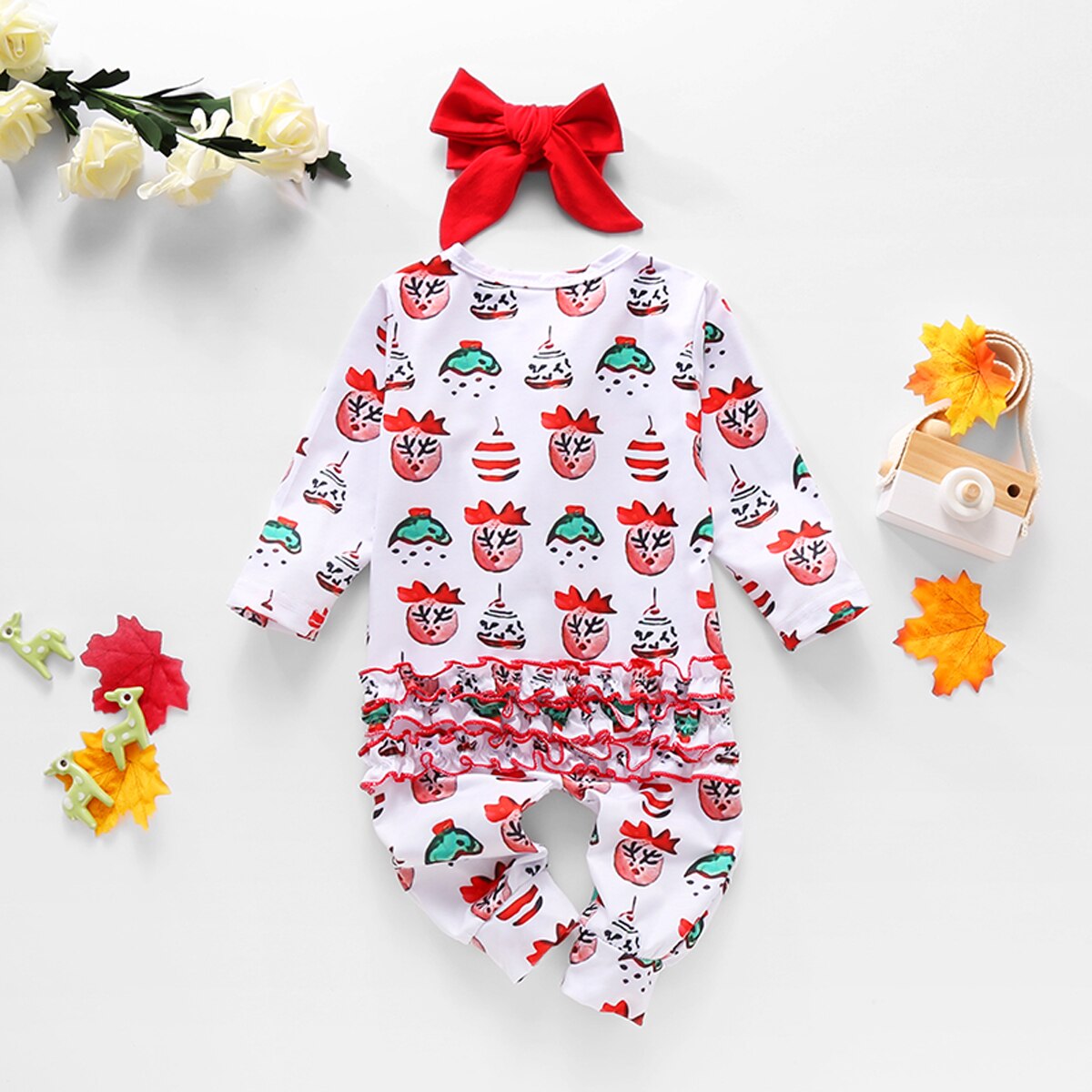 FOCUSNORM Christmas Baby Girls Boys Romper Autumn Clothes Long-Sleeves Cartoon Print Single Breasted Jumpsuits Red Bow Headband