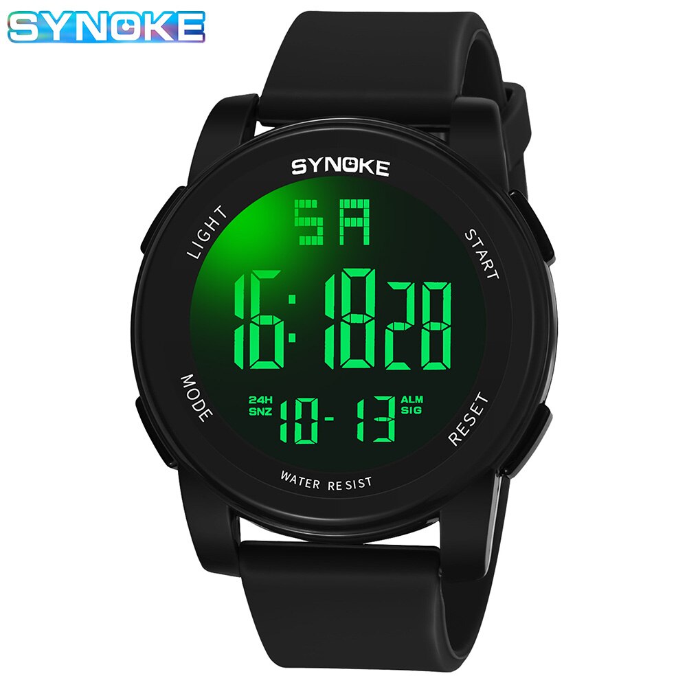 Synoke Mannen Buitensport Multifunctionele Waterdichte 5bar Schokbestendig Groot Scherm Lichtgevend Digitaal Voor Mannen Mode: Black