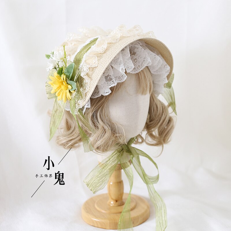 Multi-Color Lolita Flower Flat Hat Top Hat Flower Wedding Tea Party Pastoral Straw Hat Lace Han Yang Eclectic Summer