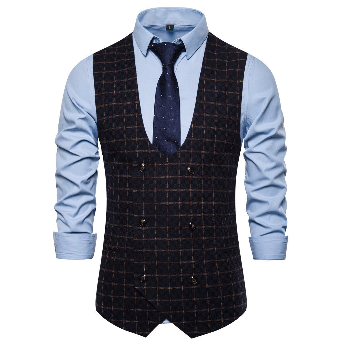 Ærmeløs jakkesæt til mænd vest i britisk stil dobbeltradet ternet vest slim fit ærmeløs jakke formel business vest: Marinegule jakkesæt / Asiatisk størrelse xxxl