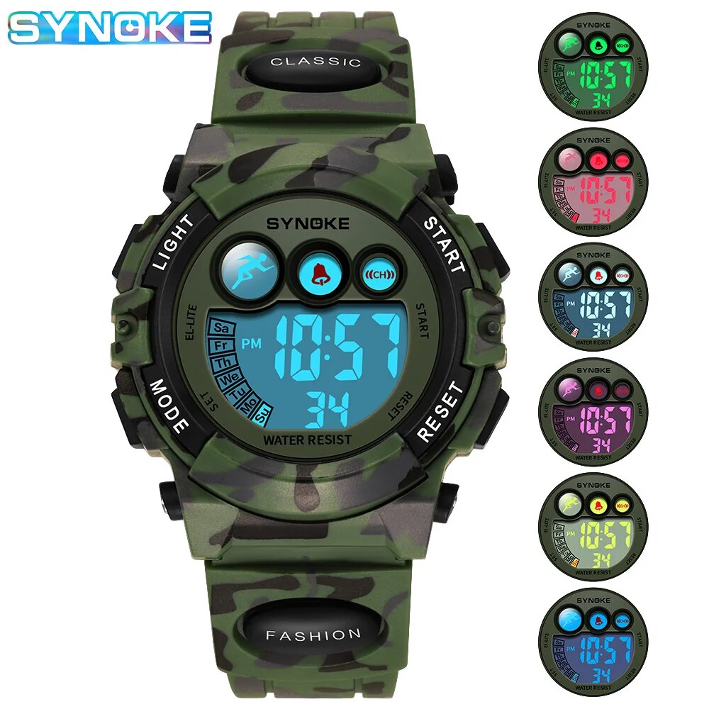 SYNOKE Student Sporthorloges voor kinderen Kleurrijke elektronische horloges 50M waterdichte klok Kinderen digitaal horloge voor jongens meisjes: green