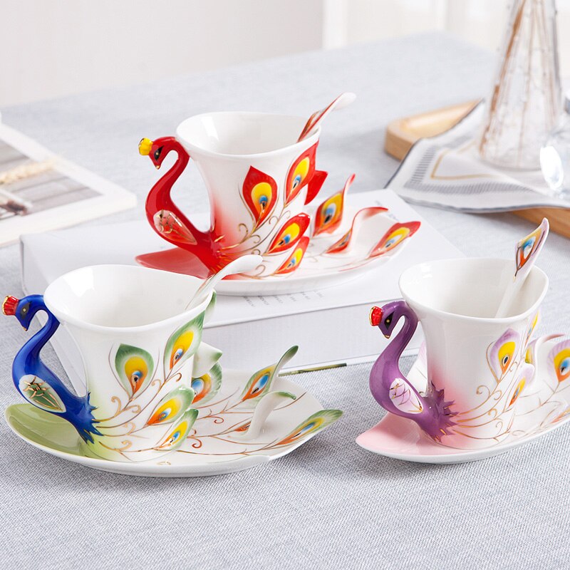 Ensemble de tasses à café paon en porcelaine émaillé 3D, artisanal à la main, avec soucoupe et cuillère, en céramique, tasse à thé et à eau