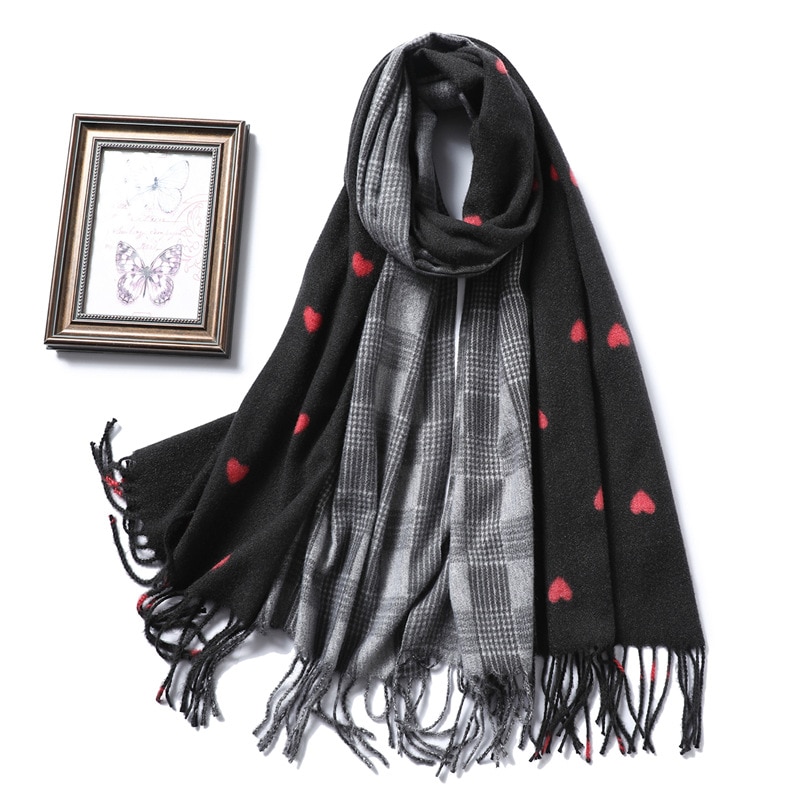 Kvindelig kashmir vinter tørklæde plaid sjal kvaster kvast pashmina tørklæder sød rødt hjerte bufanda tørklæde wrap: Wj88- sorte