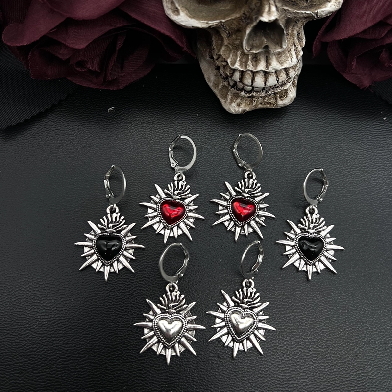 1 par de pendientes de corazón sagrado llameante, espinas esmaltadas, corazón sagrado, joyería mexicana, pendientes de corazón sagrado de Jesús, joyería religiosa