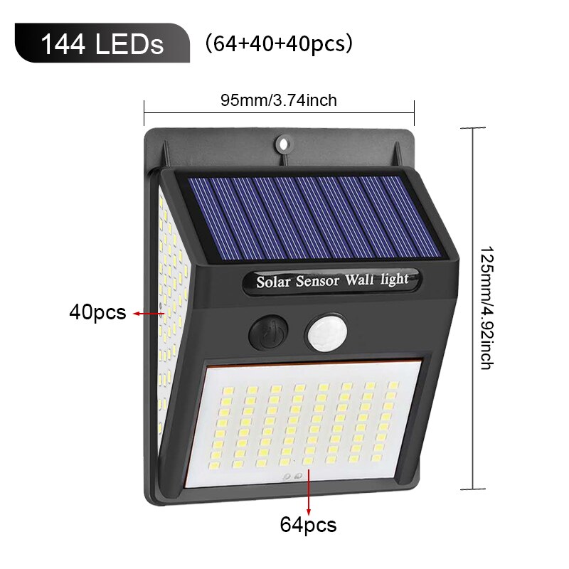 100 led zonne-energie buitenlamp met pir-bewegingssensor, op zonne-energie werkende straatverlichting voor tuindecoratie, 144 waterdichte: 144 leds