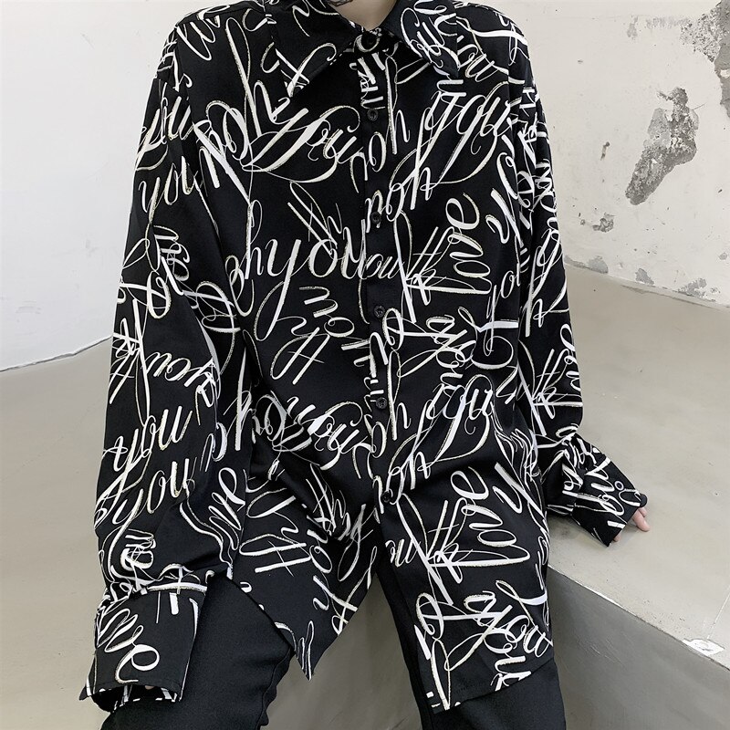 Streetwear Camisa negra de manga larga con estampado de letras Punk gótico para de noche Camisa de talla grande blusas largas Camisa masculina