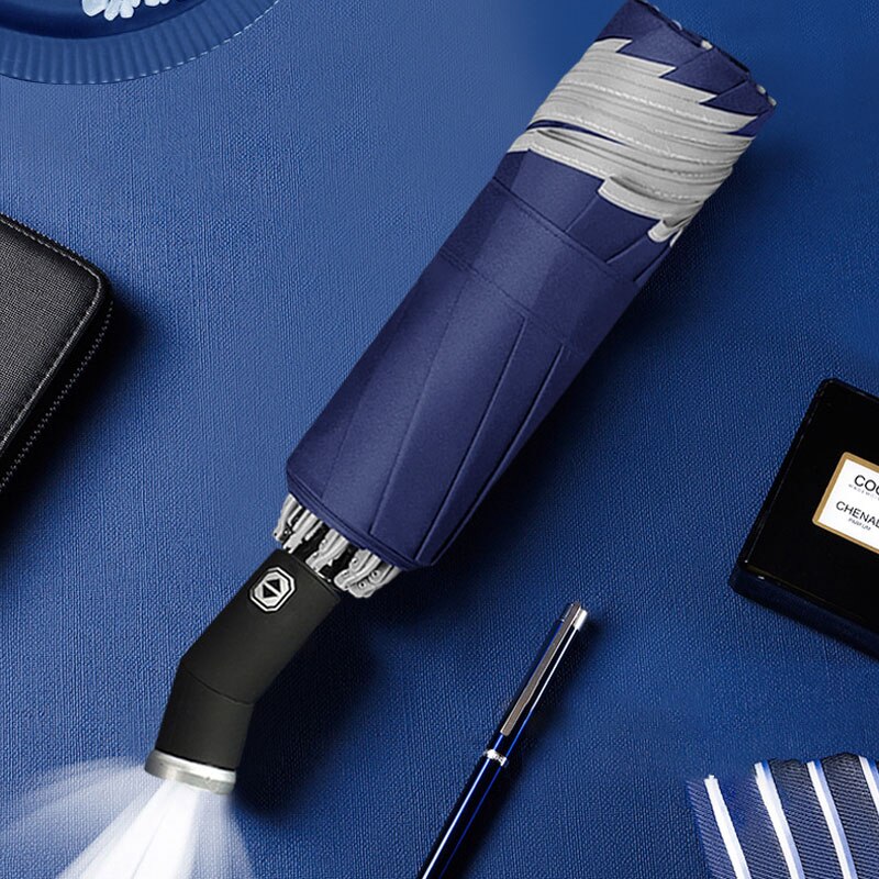 Fully Automatic Umbrella LED Folding Rainproof Windproof Top Grade Durable Business Adjustable Angle Widened Portable Parasol: Blue