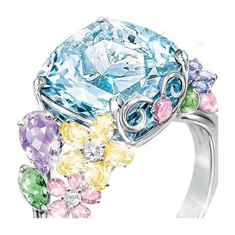 Kleur Bloem Crystal Vierkante Ringen Voor Vrouwen Sieraden Zilveren Ring Vrouwelijke Engagement Ring Vrouwen Accessoires Trouwringen Vrouwelijke