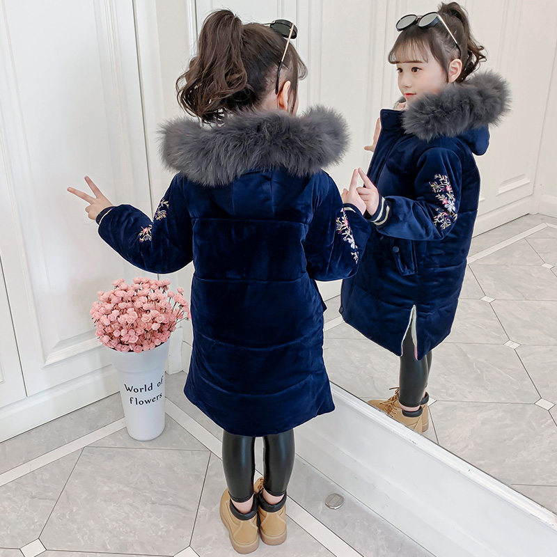 High Grade Girls Embroidery Long Jacket Coat Fur Hoodies Kids Princess Royal Sapphire Flower Embroidery Coat for Winter