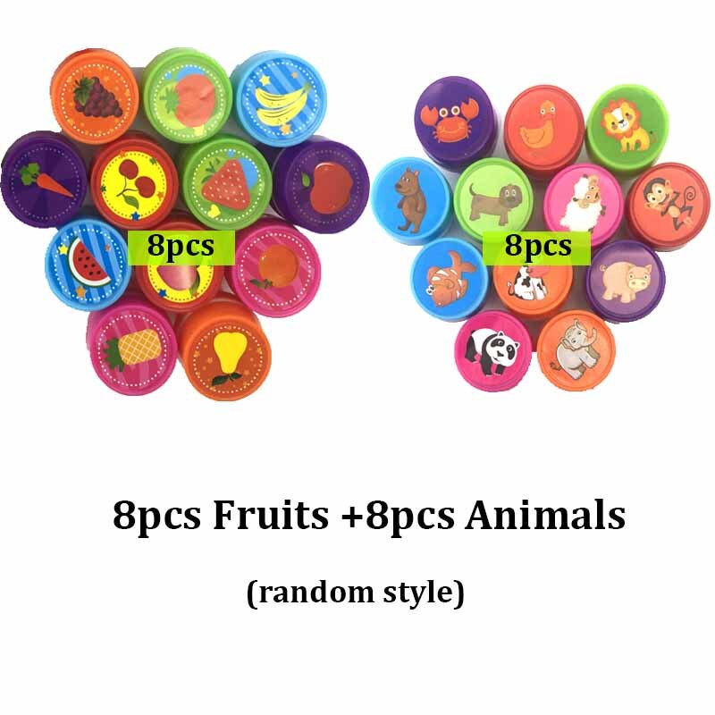 16 Stks/partij Kinderen Speelgoed Postzegels Cartoon Dieren Fruit Kids Seal Voor Scrapbooking Fotoalbum Decor Stamper Diy Stamper Speelgoed Zxh: 8Animals 8Fruits