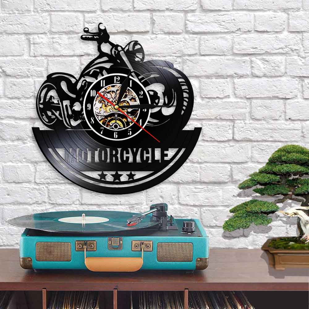 American Motorcycle Wall Clock Vinyl Record Mute Home Decor Vintage CD Quartz Needles Ultra-Quiet Reloj Pared Motorbike Garage