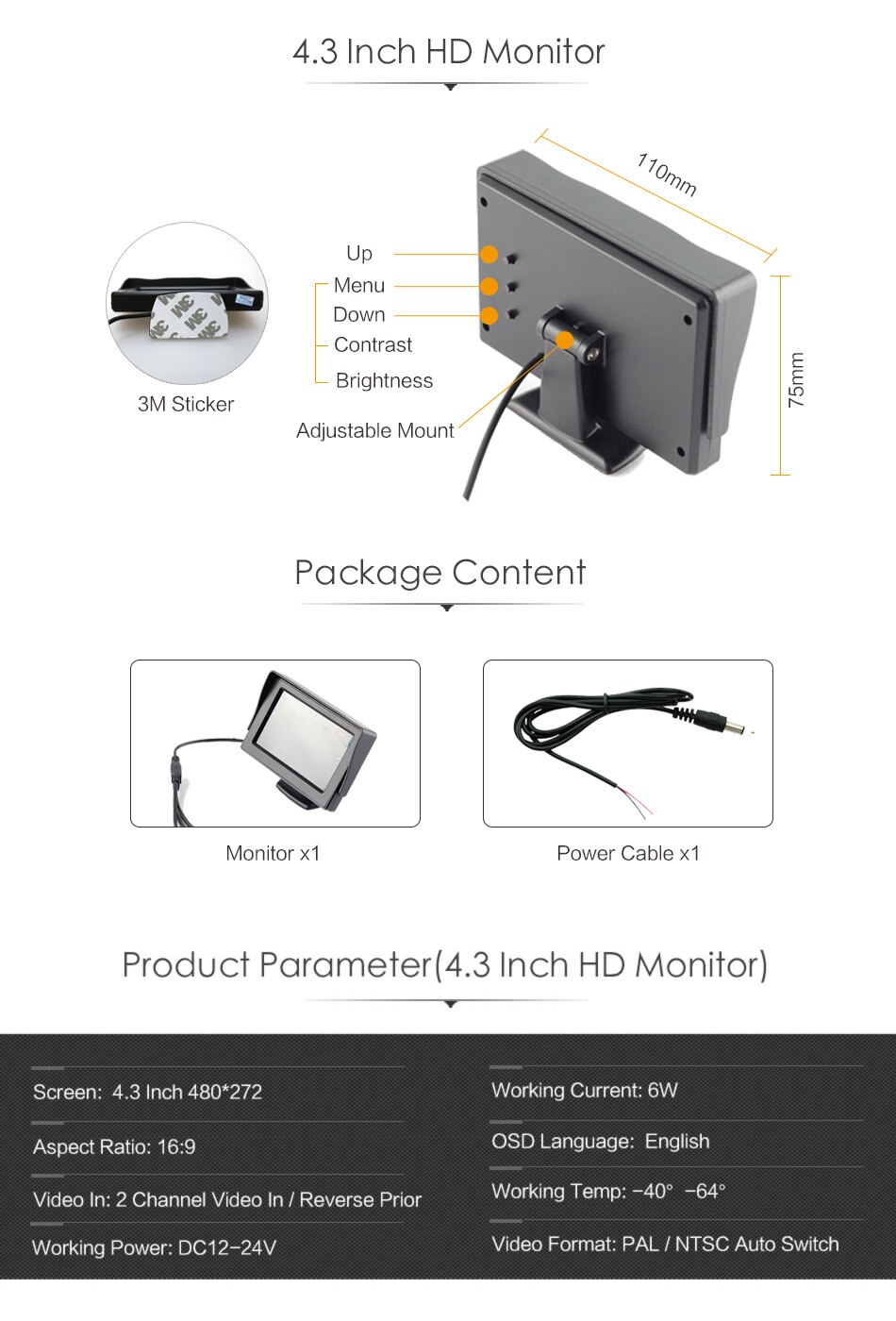 4.3 Inch 12V 24V Auto Vrachtwagen Bus Standalone Led Monitor Screen Met Achteruitrijcamera Reverse Backup Camera Parking kit Combo