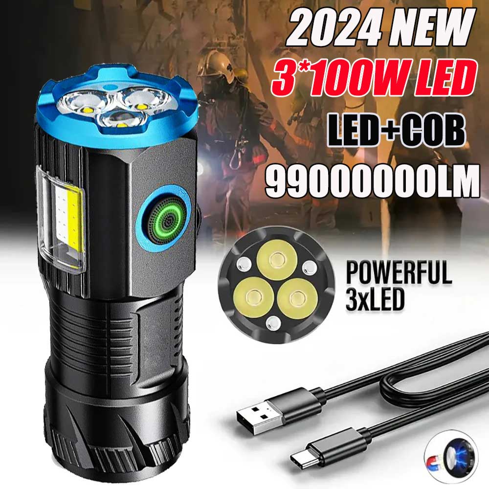 99000000lm x 3*100w lommelykter med kolbe-side, oppladbar, vanntett type-c med magnet til camping og 18350 batterier