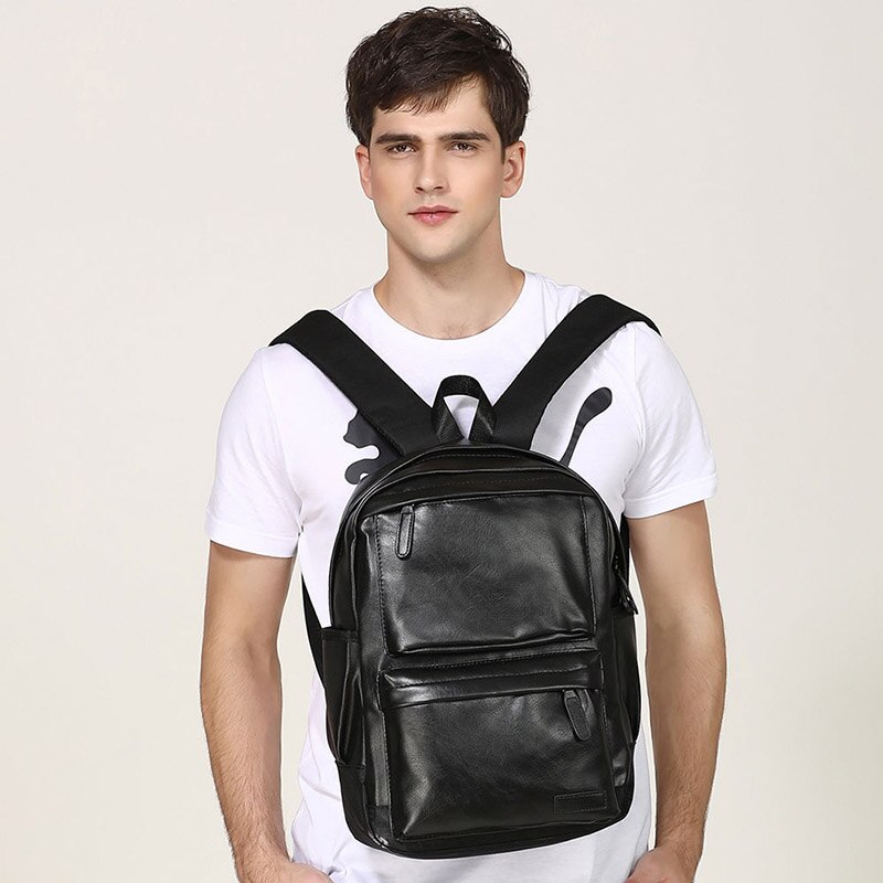 Casual PU Leather Men Backpack Waterproof Solid School Bags Leather Travel Laptop Backpack Men