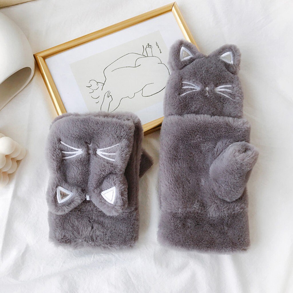 Winter Gloves For Girls Women Lovely Cat Embroidery Thickening Clamshell Plush Gloves Soft Keep Warm Gloves