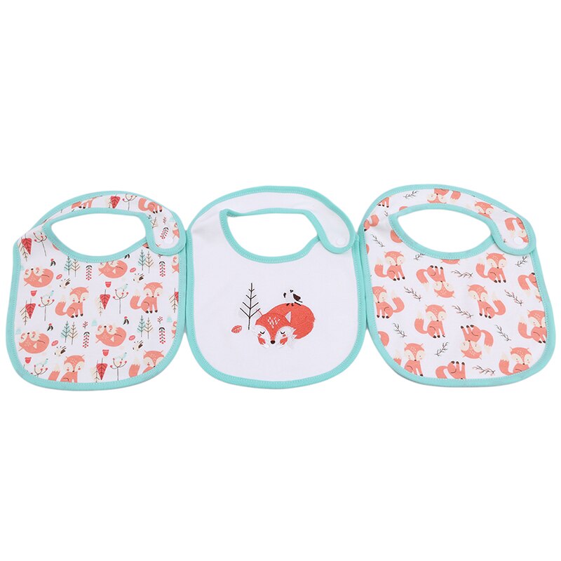 3 stuks / set baby slabbetjes met cartoon print, katoenen mix baby sjaal, maaltijdkraag, boertje, drukknoop baby slabbetjes: Bosvos