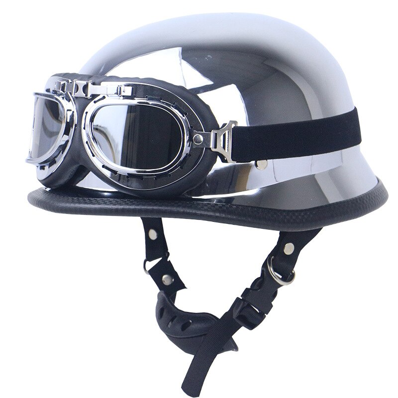 DOT Silver Plating Chrome Half Helmet Cruise Chopper Biker Pilot World War II German Style Motorcycle Open Helmet with Goggle