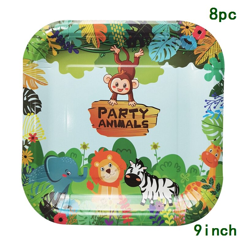 Jungel dyr engangs duk vill tiger løve ape fest safari gratulerer med dagen fest dekor barn gutter jenter bordtrekk: 9 tommer 8 stk plater