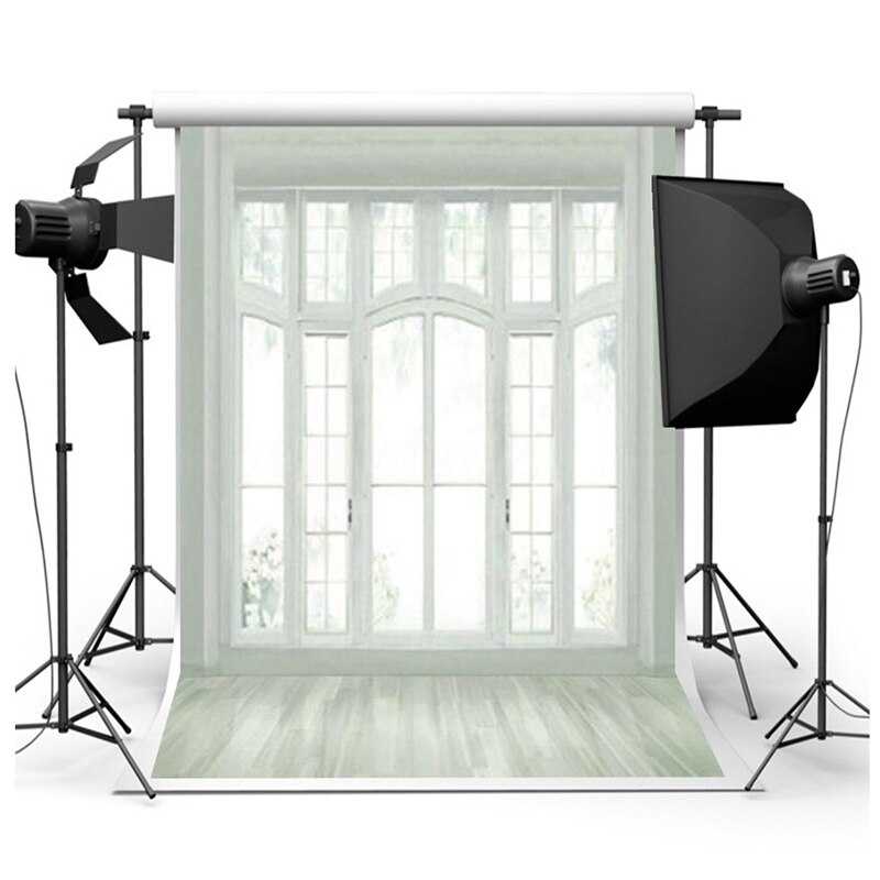 2Stck 3X5Ft Vinyl Fotografie Kulissen Hochzeit Hintergrund für Foto Studio-Weiße Ziegel Zauberstab Holz Boden & Europäischen Fenster boden