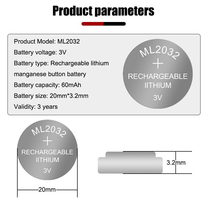 5pcs/lot 3V Coin Cell Button Battery 2032 ML2032 Rechargeable CMOS BIOS RTC Back Up Reserve Battery