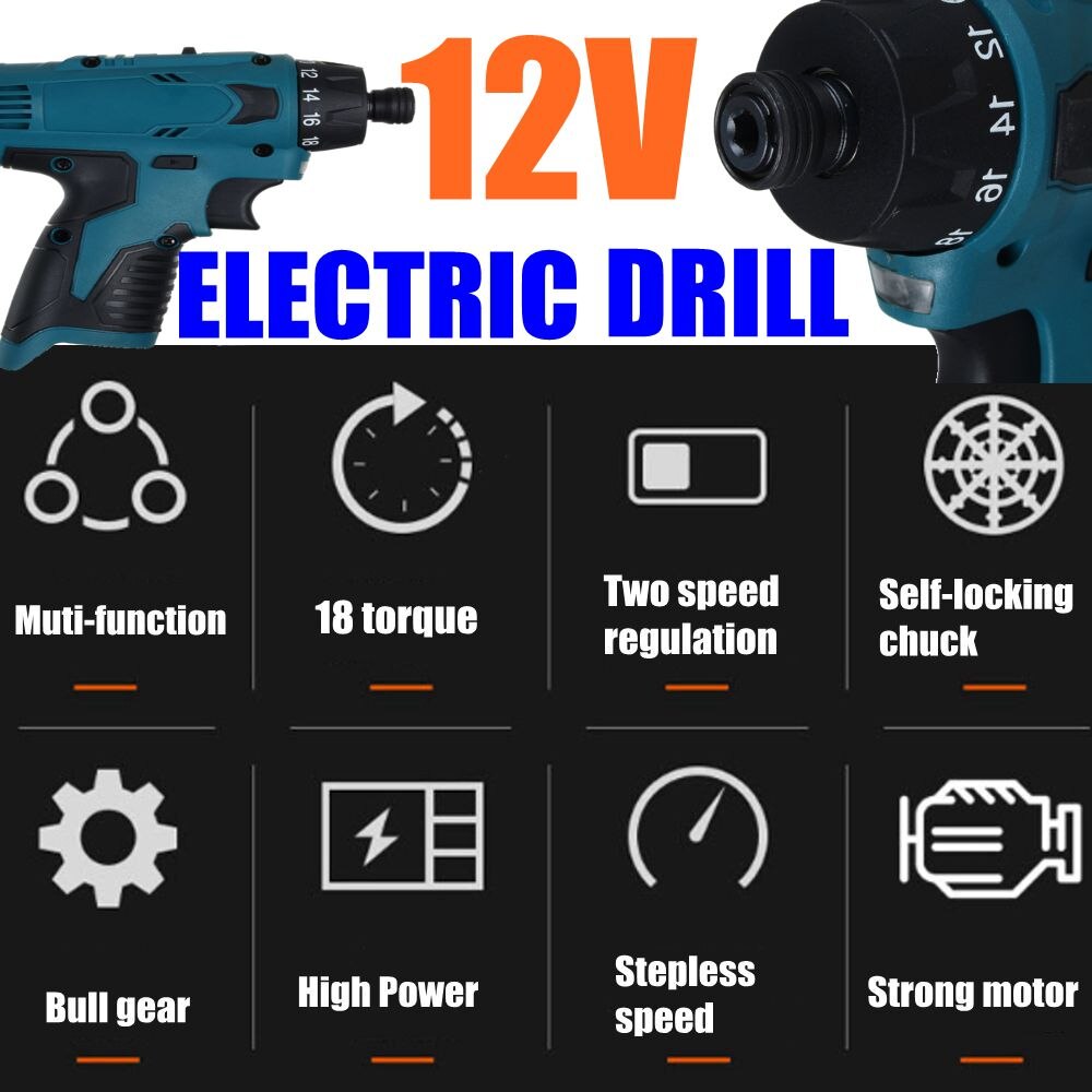 12V Cordless Electric Drill 2 Speed adjustable Electric Screwdriver with Self-locking chuck LED lights for Bosch Battery