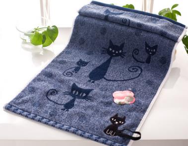Set van 2 stuks cartoon kat borduurwerk hand- en gezichtshanddoeken, zachte en comfortabele katoenen handdoekhaakjes, kinderhanddoeken: Blauw
