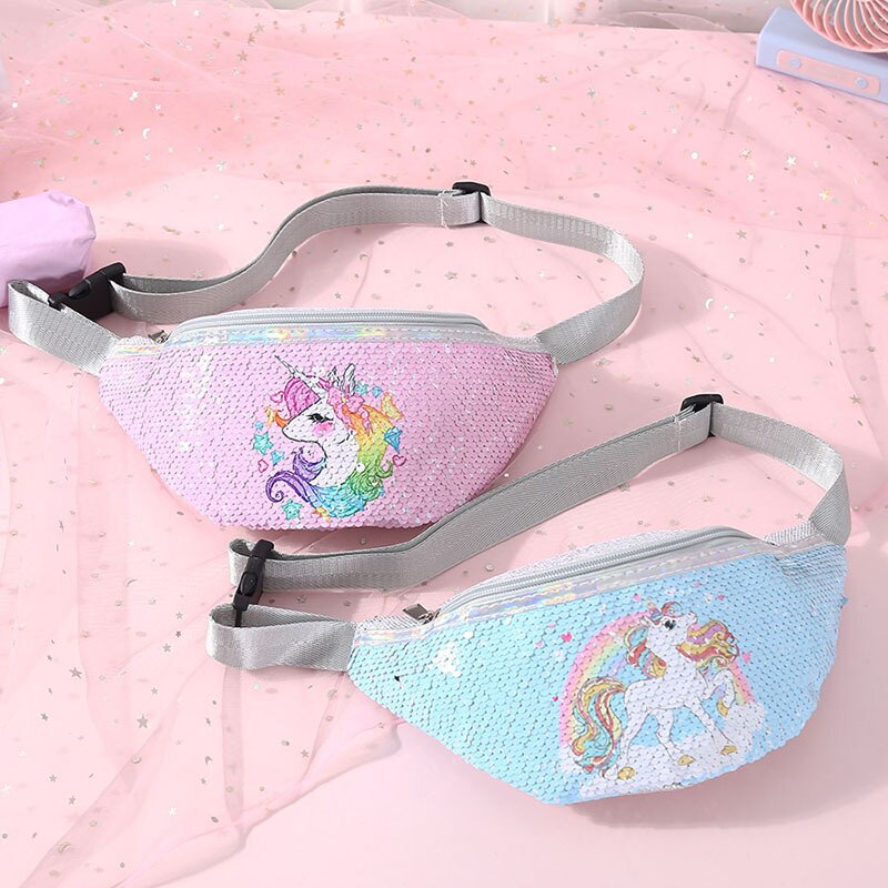 Children&#39;s Shoulder Bag Unicorn Printed Sequin Cartoon Waist Bag Little Girl Casual Sports Cute Chest Bags Mochila Mujer