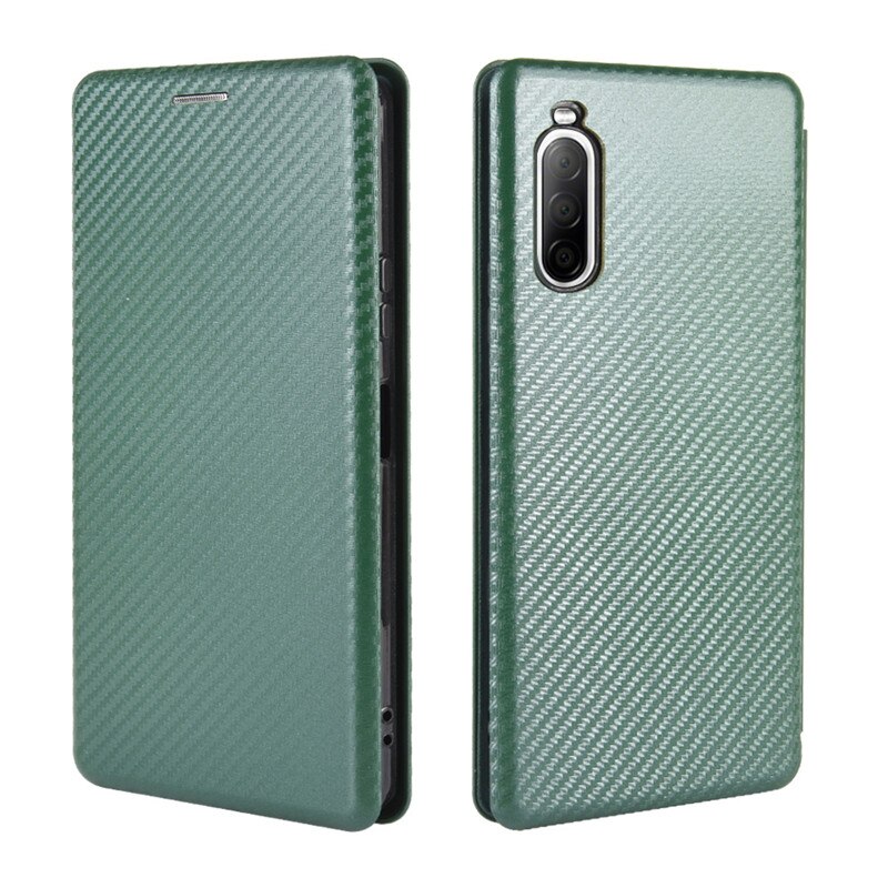 Voor Sony Xperia 10 Ii Case Carbon Fiber Pc Harde Kaarthouder Slim Leather Case Voor Sony Xperia10 Ii wallet Flip Cover: Army Green