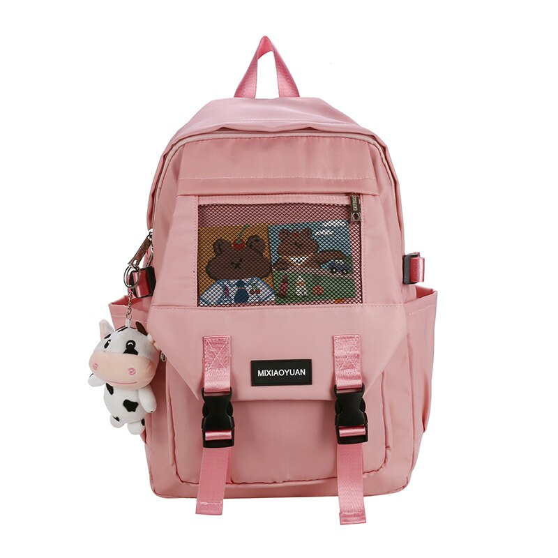 Wiosna nowy różowy damski plecak modny, jednokolorowy, o dużej pojemności, torba podróżna dla studentów, wodoodporna nylonowa torba na laptopa: pink / With Pendant