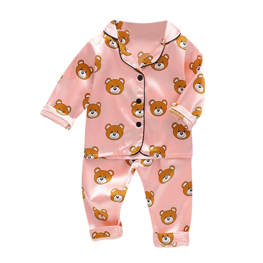 Toddler Sleepwear Outfits Boy Winter Long Sleeve Cartoon Bear Tops+Pants Pajamas Keep Warm Turn-down Collar Single Breasted D27#: PK / 3-4 Years