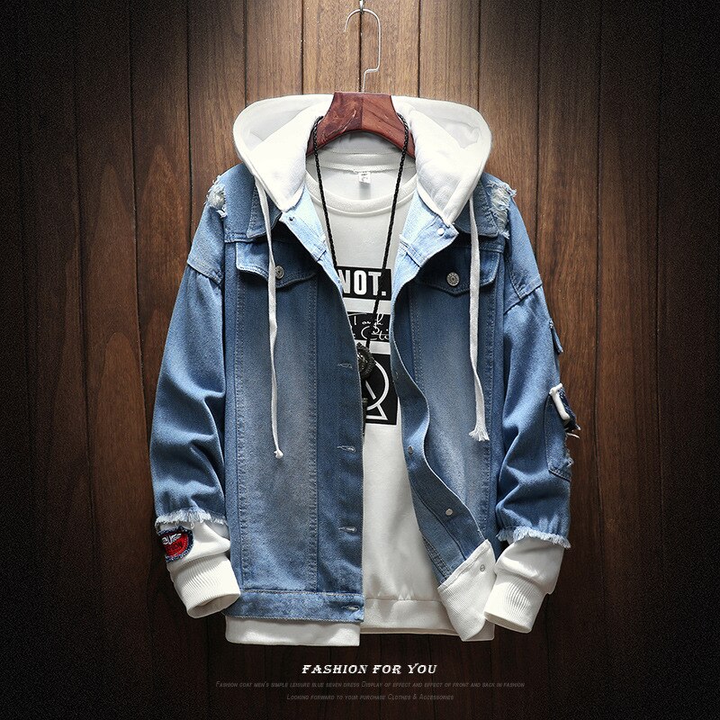 Herre denim jakker herre forår casual løst hul moto&biker denim frakker bomuld patchwork cowboy jakker: Lyseblå / L