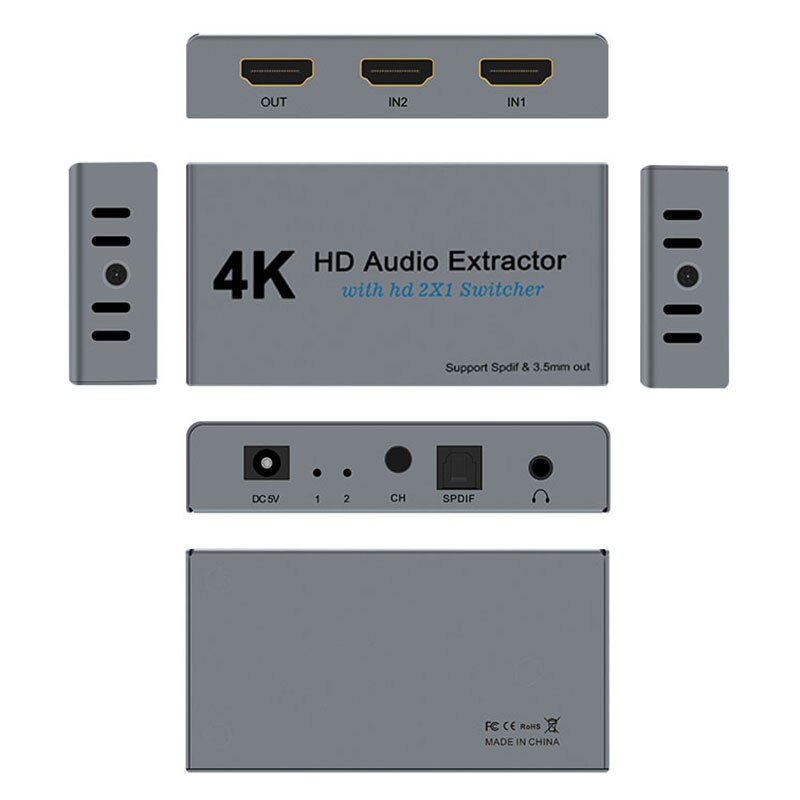 Hdmi Switcher 4K Hd O Extractor 2X1 O Splitter Ondersteuning Hdr 4K/30Hz Switcher Voor Laptop/Oortelefoon/Display