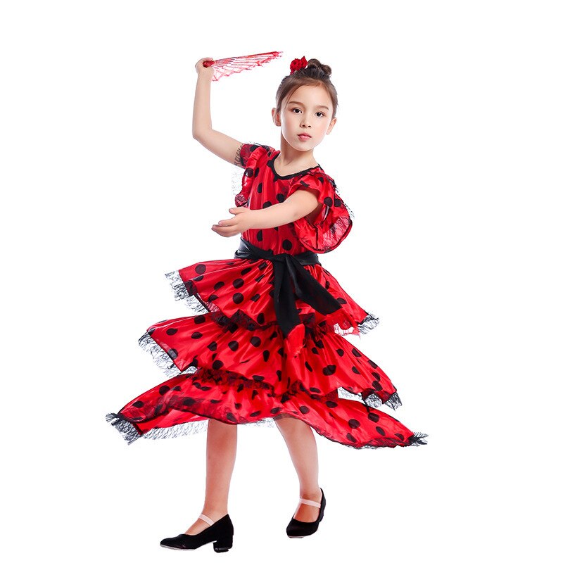 Vestidos de baile de España para niñas, trajes de baile de Flamenco para mujer, vestidos Maxi de manga de encaje con estampado de lunares tradicional, puesta en escena de equipo