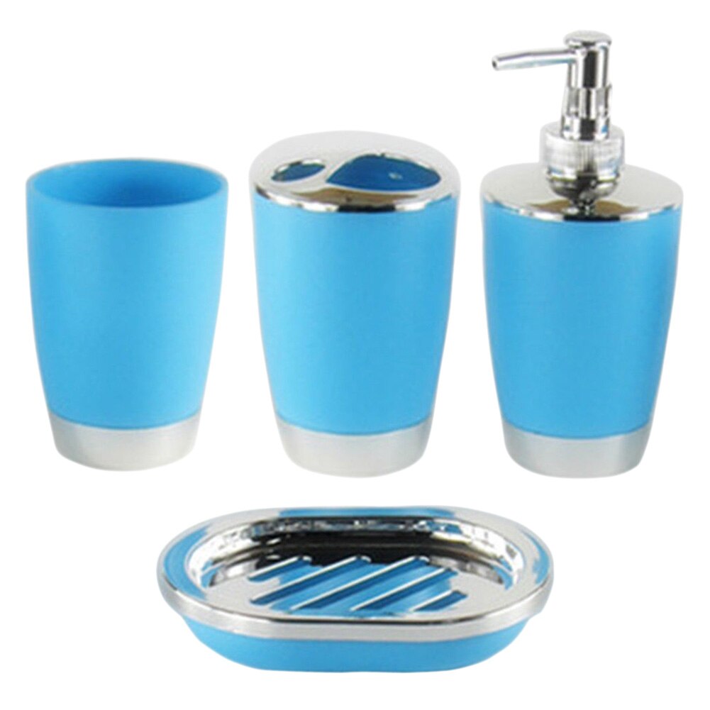 4 Pcs/Set Bathroom Suit Plastic Shampoo Press Bottle Wash Gargle Cup Toothbrush Holder Soap Dish Bath Accessories JAN88: Blue