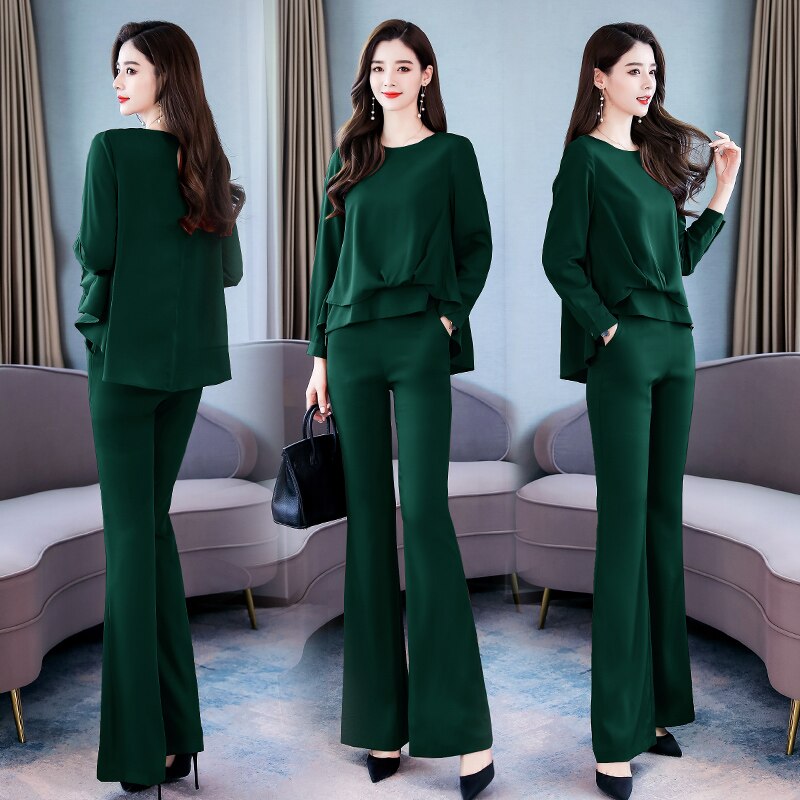 Autumn Spring style office lady long sleeve loose shirt blouse tops and long pants trousers suit female two pieces sets: Green / XXL