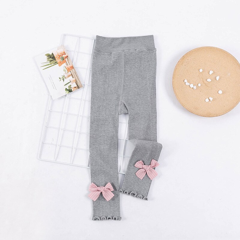 Girls Leggings Spring Autumn Cotton Baby Girls Ribbed Pants White Pink Gray Black Baby Toddler Pants Little Girl Bow Tie Pants: Gray / M(110-120cm)
