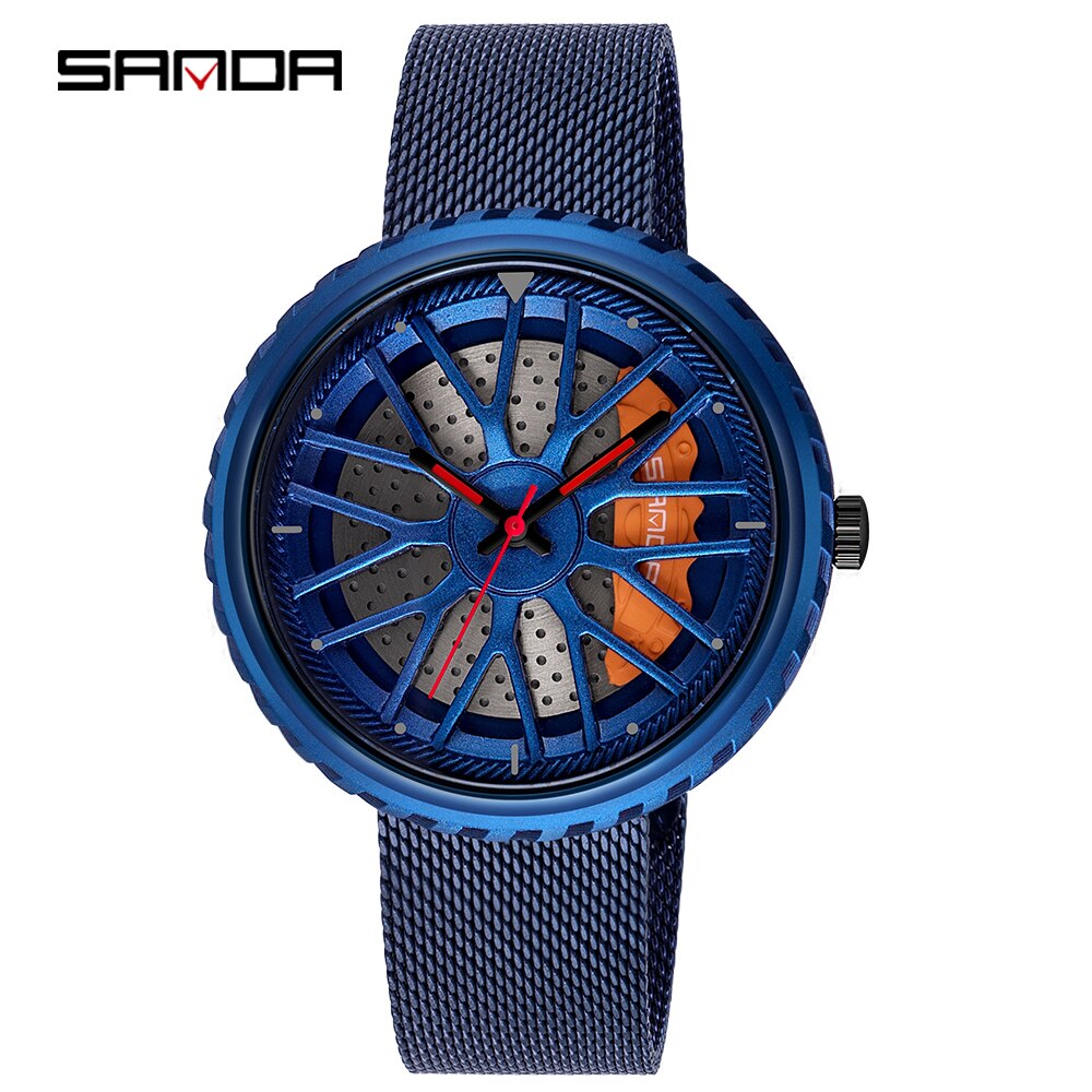 Relojes para hombre, Casual, estilo de rueda de coche, relojes de pulsera creativos para hombre, esfera de rueda de carreras 3D, reloj de cuarzo para hombre, reloj Masculino: Steel grid blue