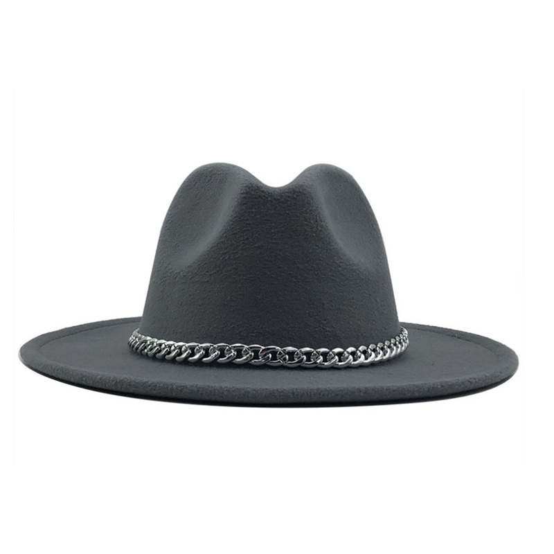 Fedora hat med bred kant rand lmitation uldfilt hatte med metal kæde indretning panama fedoras chapeau sombrero: 2