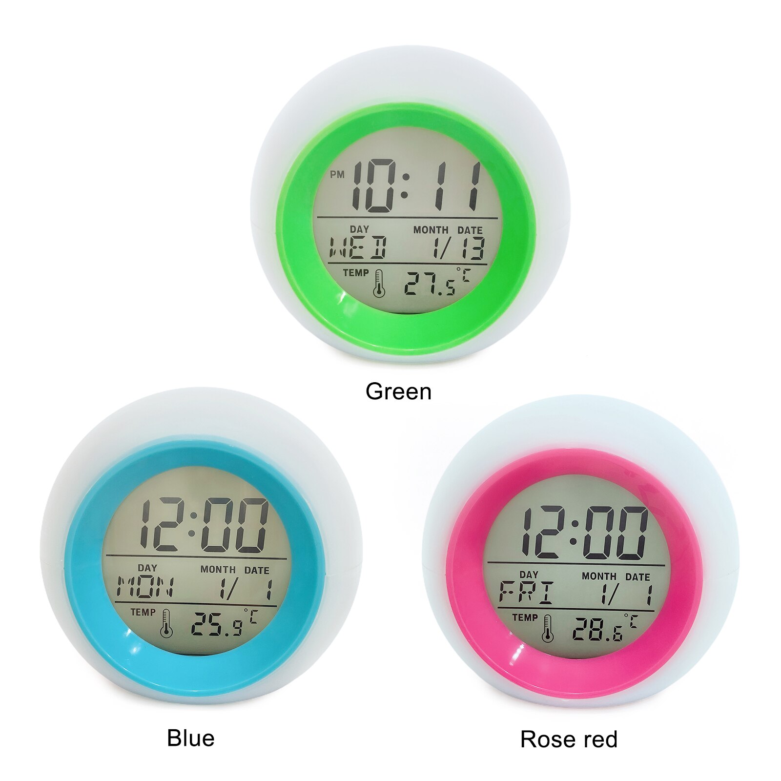 Round Colorful Alarm Clock Digital Clocks Multi-color Temperature Display With Night Light Screen Backlight Manual