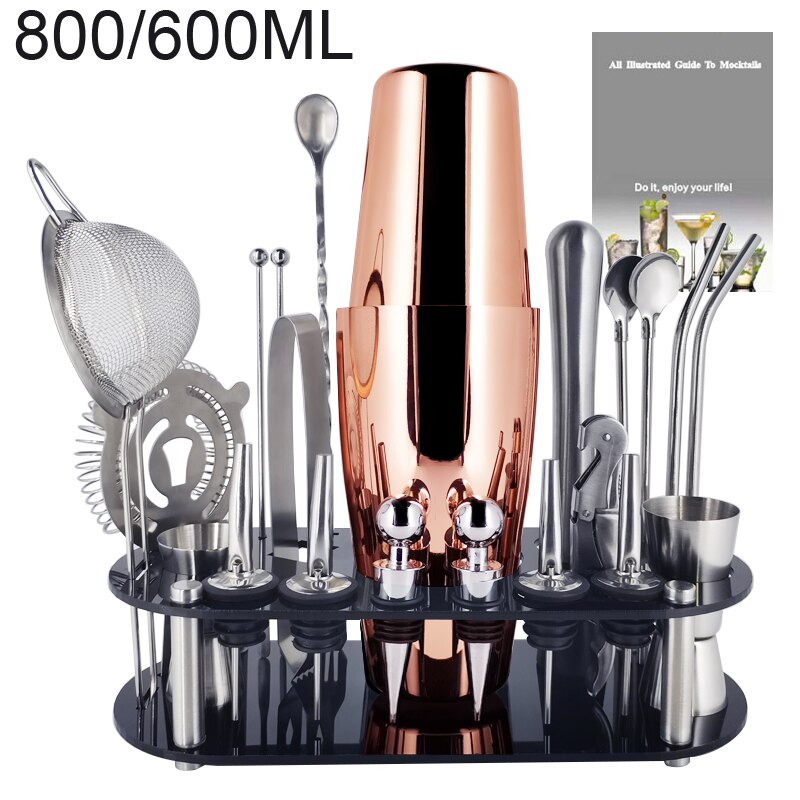 1-22Pcs Boston Cocktail Shaker Bar Gereedschap Wijn Mixer Set Barman Cocktail Shaker Tool Kit Schenker Jigger Warhoofd met Houder