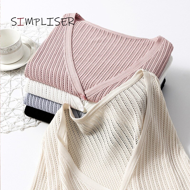 Ice Silk Thin Cardigans Women Summer Knitted V-neck Long Sleeve Sweaters Knit Sweater Women Cardigan Femme Black Pink