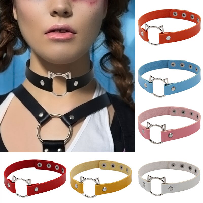 Gothic Punk Harajuku Ketting Cirkel Kat Oor Pu Lederen Choker Lady Kraag Goth Sieraden Voor Vrouwen Kettingen Accessoires