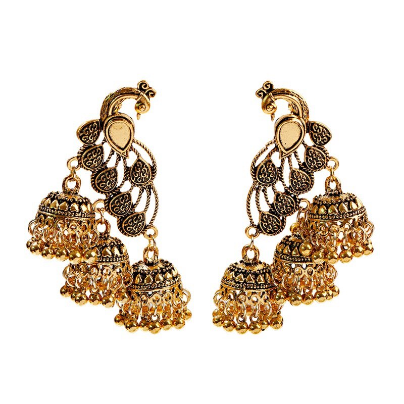 Retro Bollywood Geoxideerd Gypsy Sieraden Vrouwen Etnische Gold Afghaanse Birdcage Lange Keten Kwastje Pauw Gesneden Jhumka Indiase Oorbellen: Gold