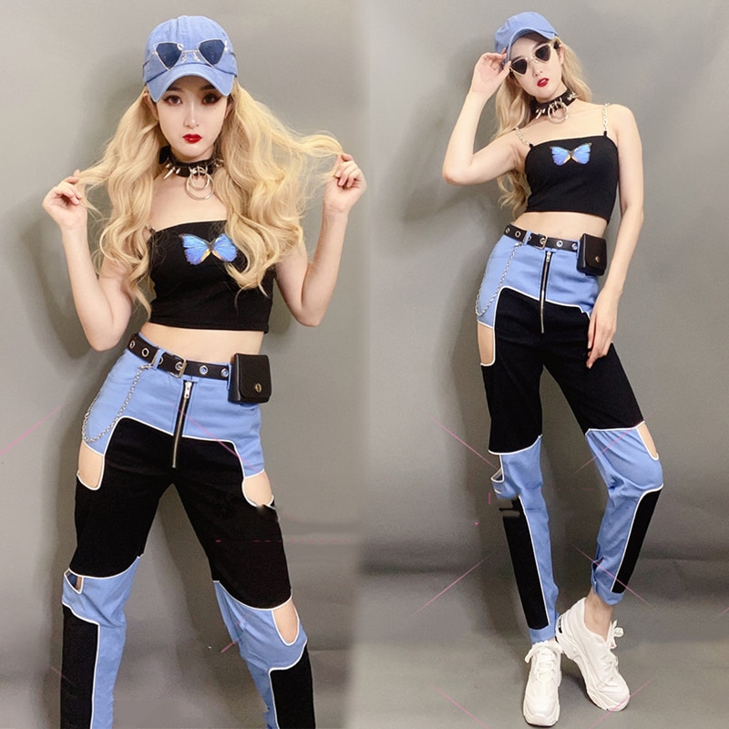 Hip Hop Street Dance Performance Costume Female Jazz Dancing Practice Clothing Stitching Blue Trousers Nightclub Suit DNV13082