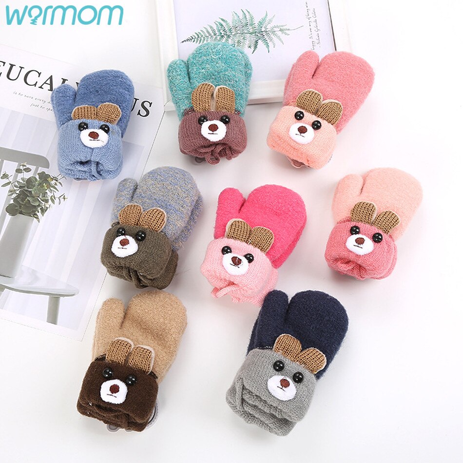 Warmom Cute Ear Bear Cartoon guanti per bambini inverno lavorato a maglia lana doppio strato più velluto guanti caldi spessi guanti per bambini per 0-3Y