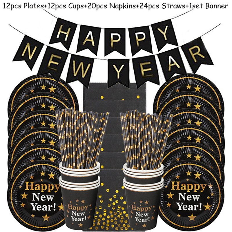 69 stuks wegwerpservies voor een happy year-feest, feestbenodigdheden, papieren banners, borden, bekers, kerstavond